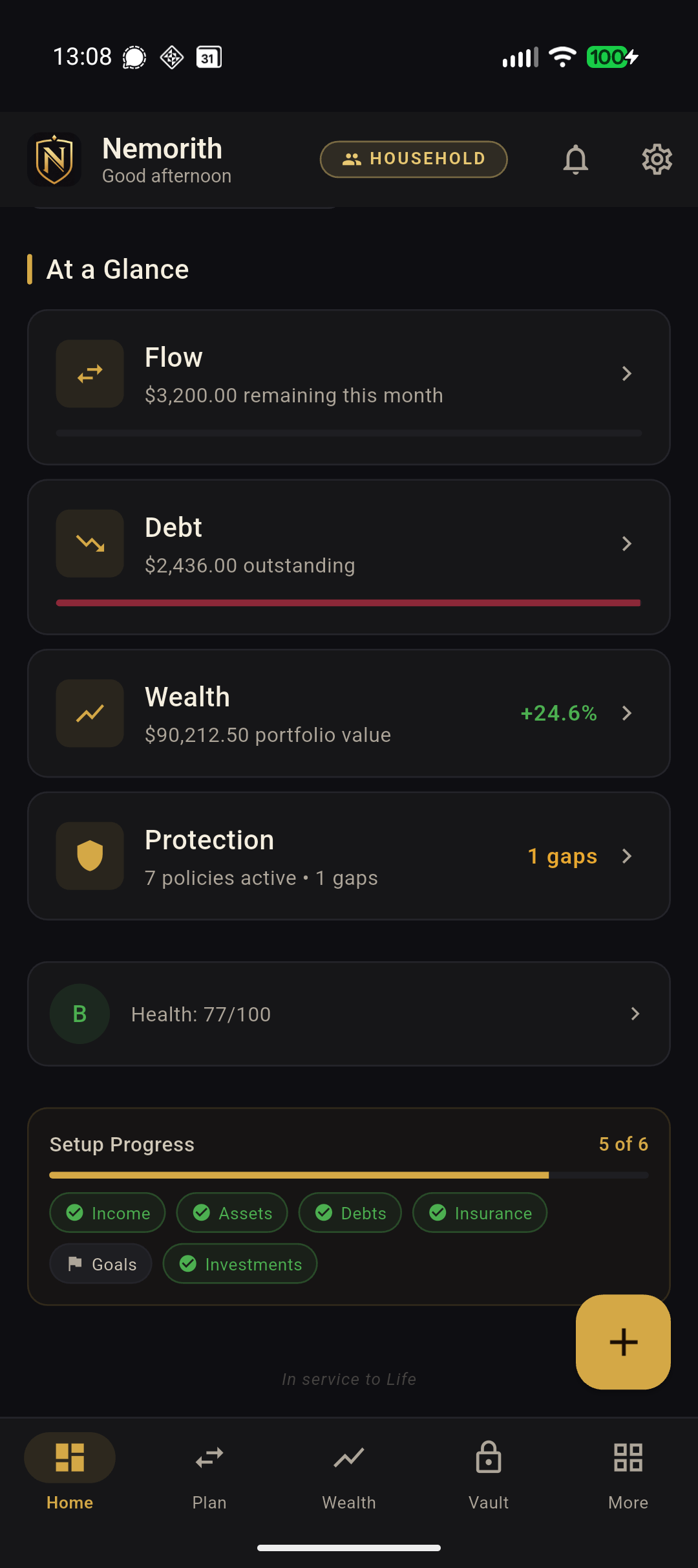 At a Glance view with flow, debt, wealth, protection summary cards