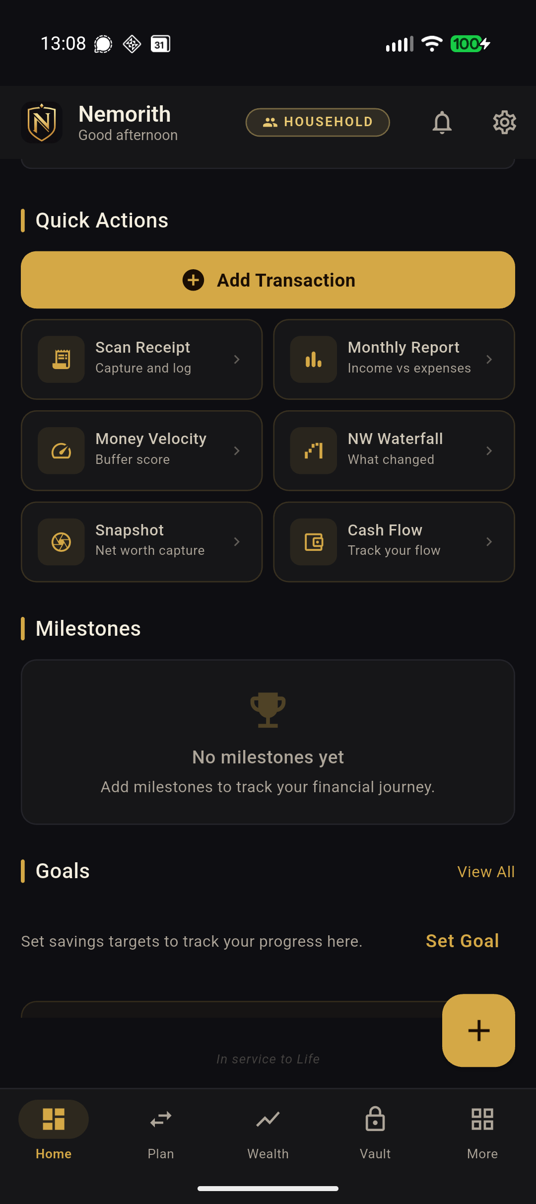 Quick actions for transactions, receipts, reports, and snapshots