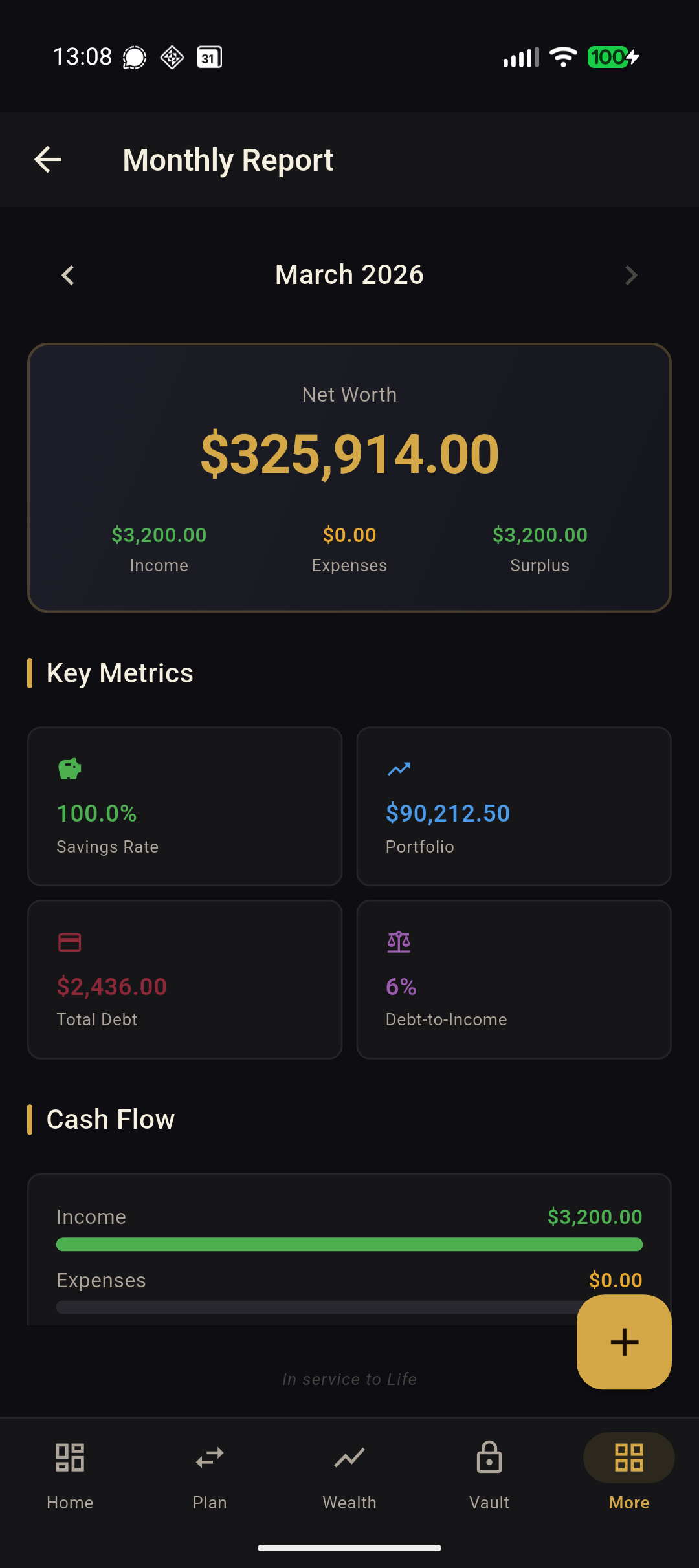 Monthly report with net worth, key metrics, and cash flow summary