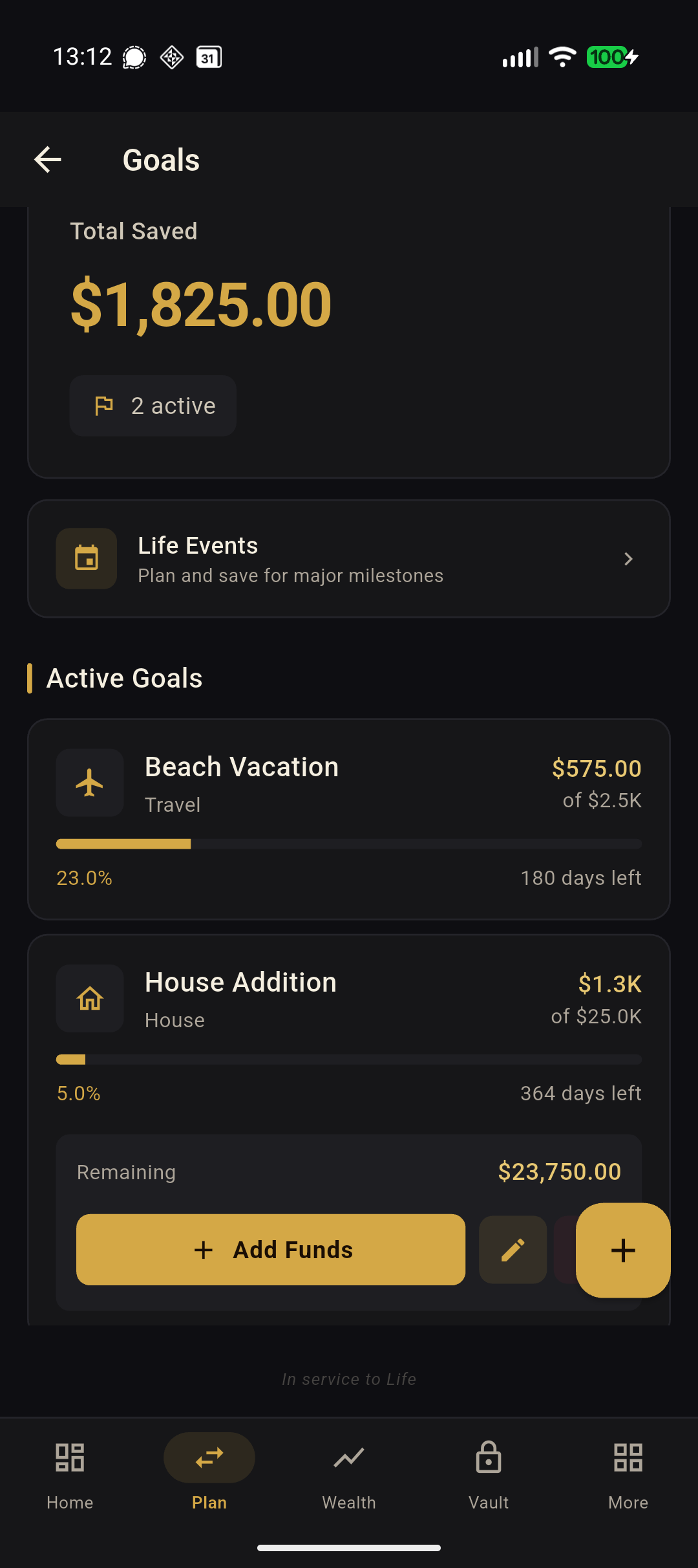Financial goals with progress tracking and savings targets