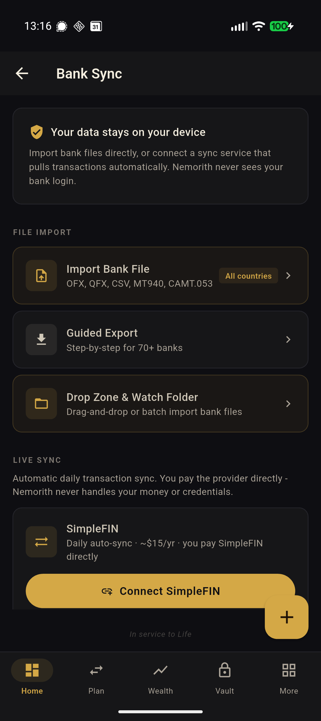 Bank sync with file import, guided export, and SimpleFIN connection