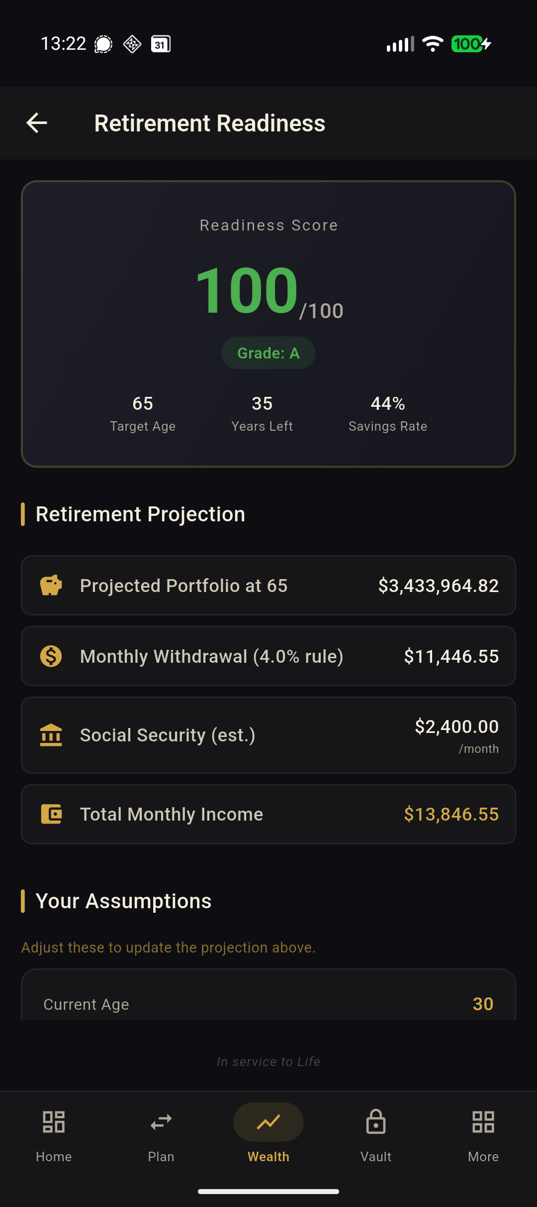 Retirement readiness score with projected portfolio and monthly income