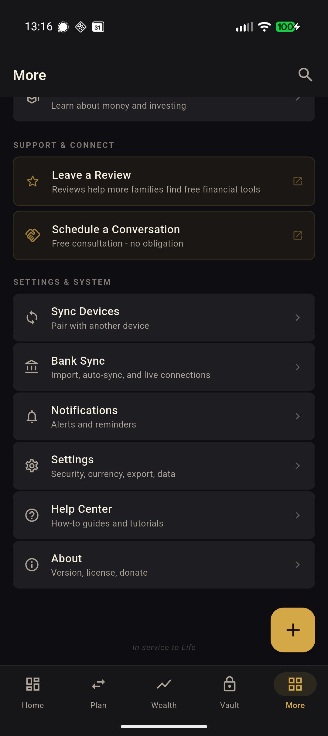 More menu with settings, sync, help center, and about